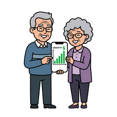 Fototapeta premium Happy elderly couple standing and showing a mobile phone screen with a positive financial growth chart isolated on a white background.