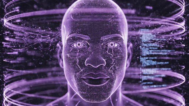 A futuristic digital human head with glowing eyes and data streams represents artificial intelligence and advanced technology.