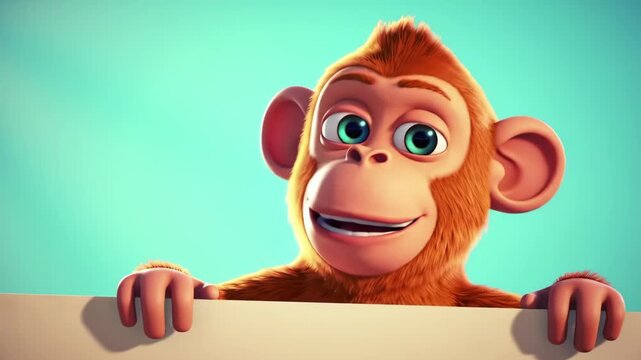 Animated Monkey Peek-a-Boo - Cute Cartoon Character Reveal on Turquoise Background.