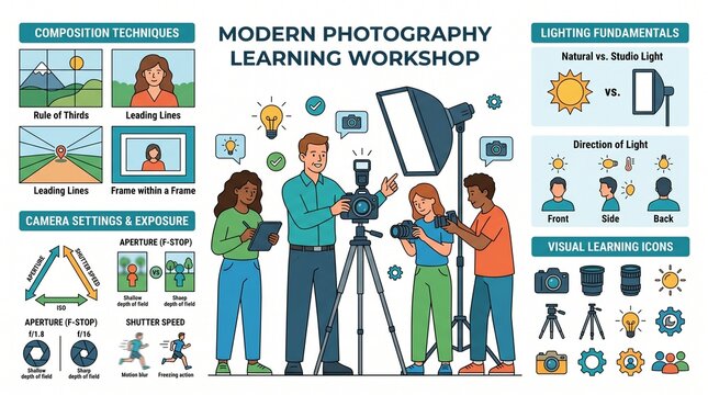 World Photography Day learning workshop with diverse group of people and photography equipment