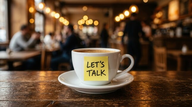 White coffee cup with a yellow sticky note saying lets talk on a saucer