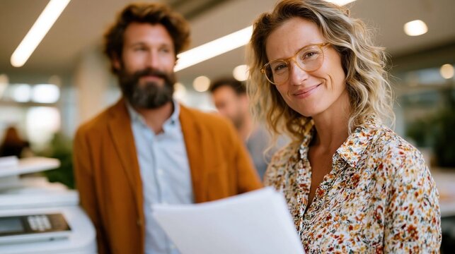 A confident woman stands with a smile in a bright office, showcasing teamwork among colleagues with a casual yet professional atmosphere and modern workplace aesthetics.