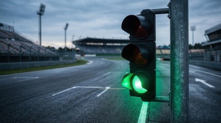 Obraz premium Green traffic light signals mark the start of a race on wet asphalt at a professional motorsport circuit.