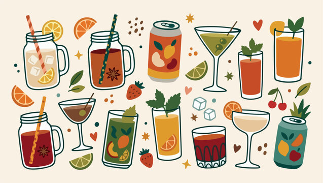 Refreshing summer cocktail pattern, cool beverage drink backdrop, fruity tropical lemonade illustration, icy alcoholic mix print, festive party bar design, summer thirst quencher graphic, colorful dri