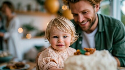 Fototapeta premium A charming child beams with joy as they celebrate a special occasion beside a beautifully decorated cake, capturing the essence of childhood happiness and excitement.