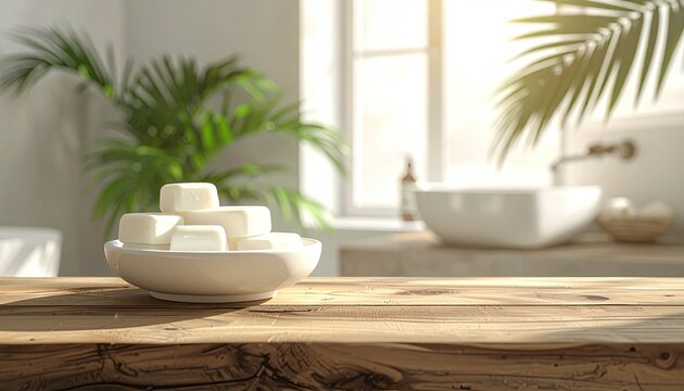 White square soaps in bowl on wood table, sunny spa bathroom