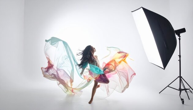 Graceful dancer with vibrant flowing fabric in studio lighting