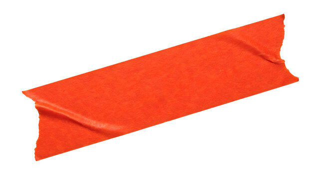 A single strip of red adhesive tape with slightly crumpled edges presented on transparent background torn masking duct sticky paper cellulose sealing