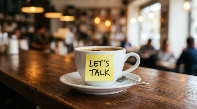 A white ceramic coffee cup with a yellow sticky note saying let's talk on a wooden counter.
