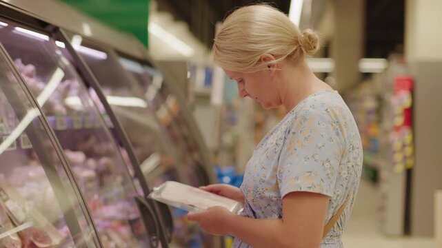 Young woman reading food package label in supermarket refrigerated section