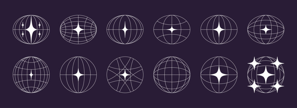 World globe retro grids in oval and round form with stars icons set. earth latitude and longitude line grid. futuristic design elements.