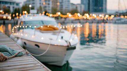 Obraz premium A luxurious yacht is moored at a picturesque marina, adorned with twinkling lights, reflecting the vibrant urban landscape in the serene waters of a bustling evening.