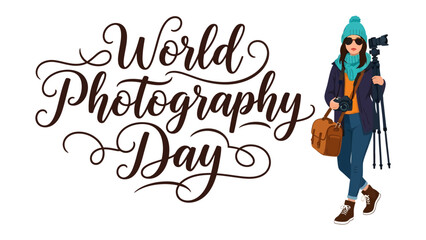Celebrate World Photography Day with a Passionate Creator: A woman with a camera and tripod, dressed warmly, stands ready to capture the world's beauty on World Photography Day. © Sugra