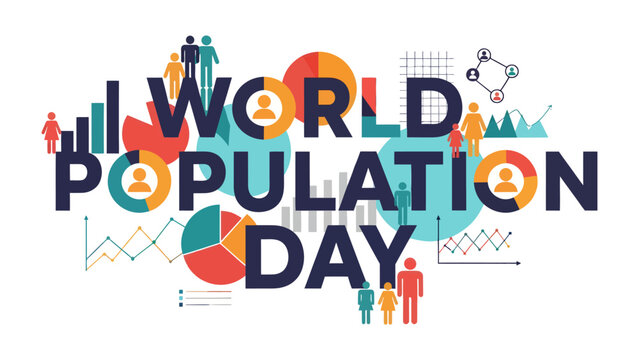 World Population Day Illustration: A vibrant graphic celebrating World Population Day, featuring diverse people icons, data charts, pie graphs, and statistical diagrams.