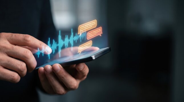 Telecommunication Relay Service TTRS interface on smartphone, hand using assistive technology for accessibility, futuristic