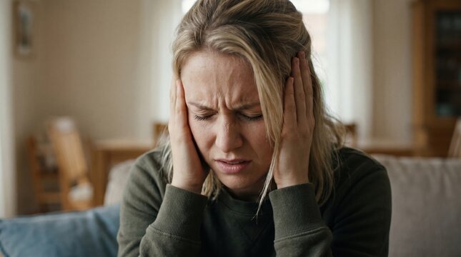 Stressed woman holding head suffering from severe headache or tension with headache migraine stressed suffering