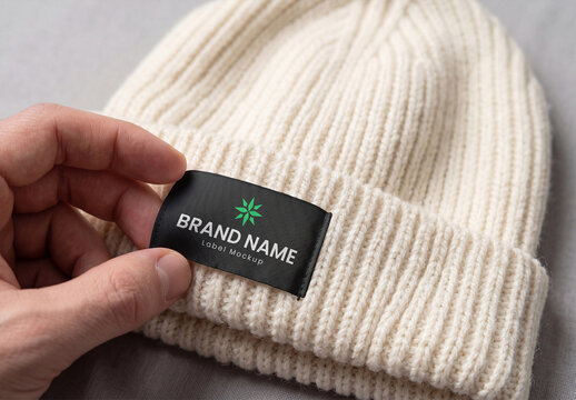Winter Beanie Hat Label Mockup with Hand