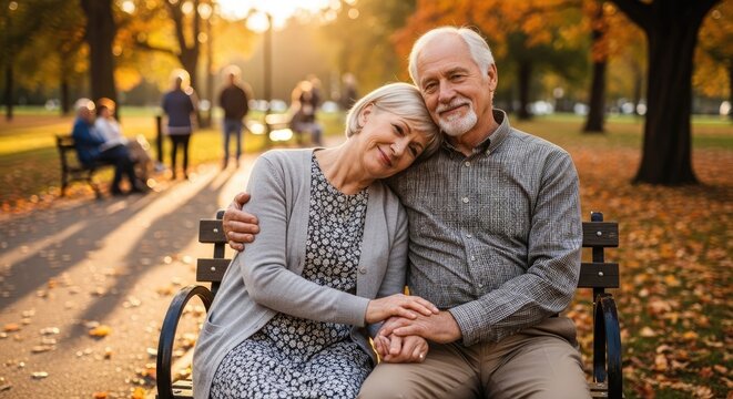 Senior couple hugging on park bench during autumn.