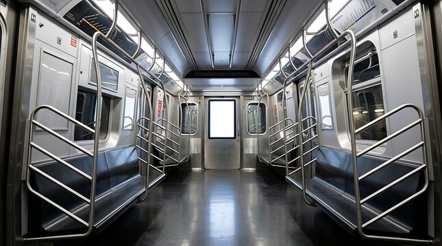 Interior of an empty modern subway train car with stainless steel seats and handrails