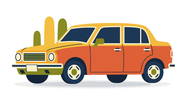 Retro Taxi Cab: A vibrant, stylized illustration of a classic taxi cab with a two-tone orange and yellow body, set against a backdrop of abstract desert flora.