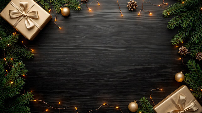 Luxury Christmas background with gold gift boxes and fairy lights on black wooden texture