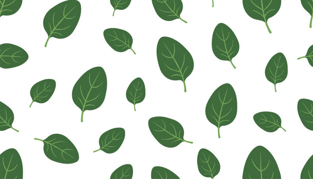 Seamless pattern of organic green spinach leaves scattered on a white background suitable for textile and wallpaper design.