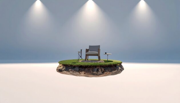 Minimalist floating island featuring a modern armchair and small table under studio spotlights. This surreal cinematic setup is perfect as a widescreen wallpaper, banner, or creative design background