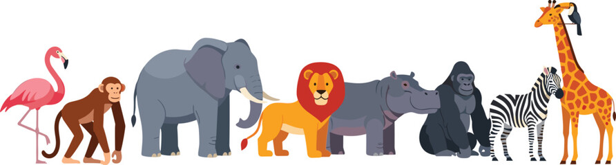 PrintCute Cartoon African Safari Animals Standing Together in a Colorful Flat Design Vector Illustration Set © MDPappu