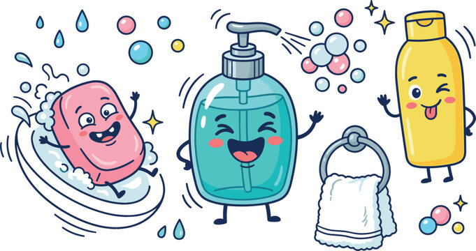 Cute personal hygiene vector cartoon set with smiling liquid soap dispenser character shampoo bottle bar soap towel isolated on white