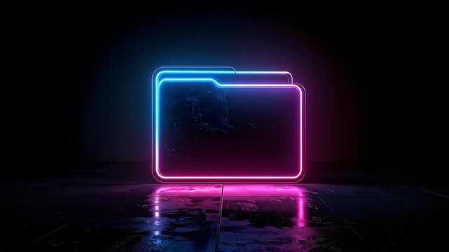 A glowing neon folder icon floats above a dark reflective surface
