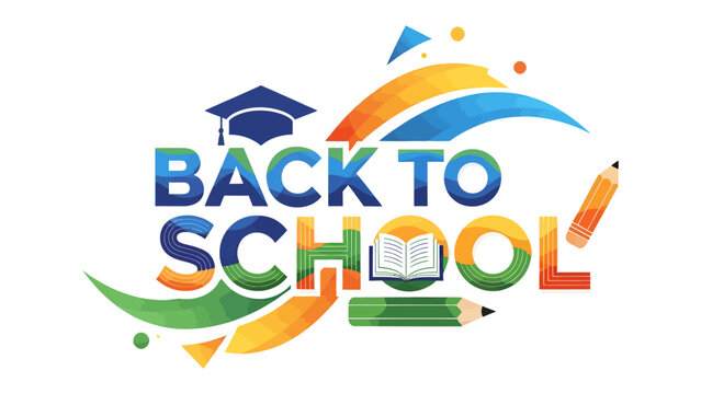 Back to School Celebration: A vibrant graphic illustration celebrating the return to school, featuring a graduation cap, an open book, pencils.