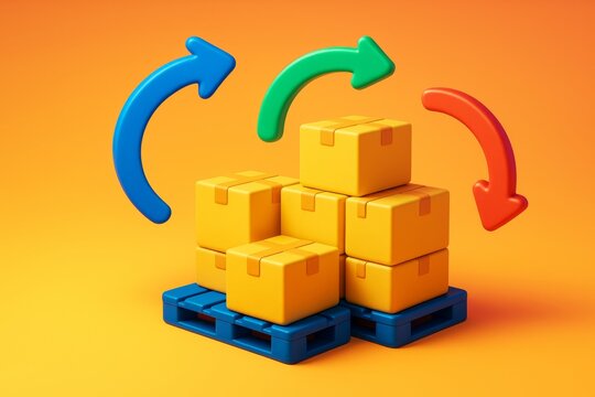 Yellow shipping boxes with colorful arrows on blue pallets symbolizing logistics cycle on orange background in abstract light style. Ai generative
