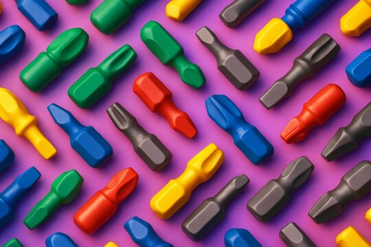 Colorful screwdriver heads arranged in seamless geometric pattern on bright background with creative light and playful composition. Ai generative