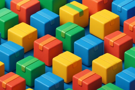 Colorful geometric cubes with tape-like details arranged in seamless pattern on blue background, showcasing modern minimalistic creative design style. Ai generative