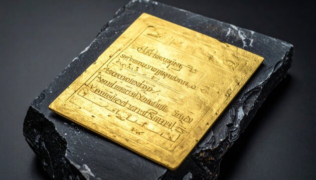 Thin embossed gold sheet artifact with intricate ancient inscription on dark stone