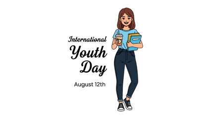 International Youth Day Celebration: A young woman holding books and a coffee cup stands in celebration of International Youth Day, representing the energy and potential of young people worldwide. © jabed