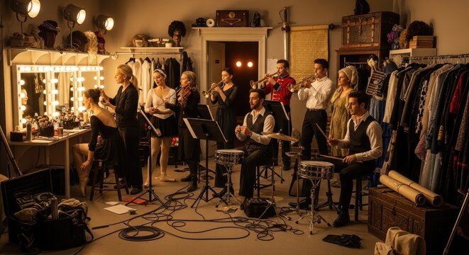 Backstage preparation of musicians and actors in theater.