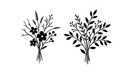 Obraz premium Black and white botanical elements, floral and leaf bouquets illustration