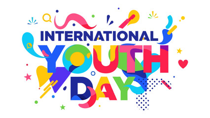International Youth Day Celebration: Vibrant, colorful typography and abstract shapes artistically represent the spirit of International Youth Day, symbolizing energy, creativity. © bittv