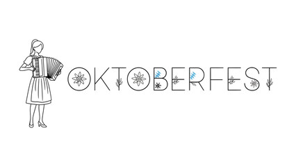 Oktoberfest Celebration Typography: A stylized illustration of a woman playing an accordion stands beside the word OKTOBERFEST, elegantly designed with decorative elements. © Md