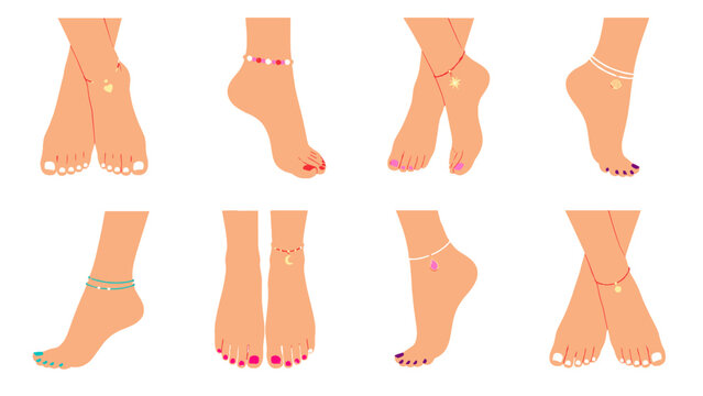 Set of female feet with anklets in flat vector style