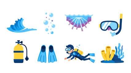 Scuba diving icons set with diver mask fins tank and coral © icon_art