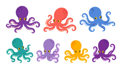 Set of colorful cartoon octopus characters on white background © icon_art