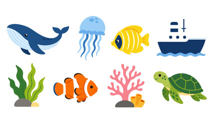 Cute ocean animals and marine elements cartoon vector set © icon_art