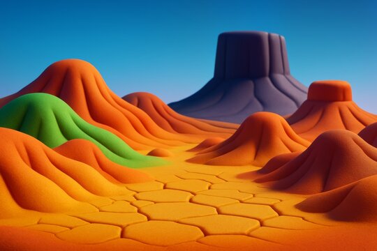 Surreal colorful desert landscape with soft textured hills and cracked ground in vibrant orange, green and purple tones under clear blue sky. Ai generative