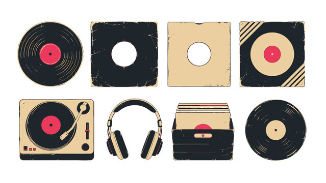 Vintage vinyl records and audio equipment icon set