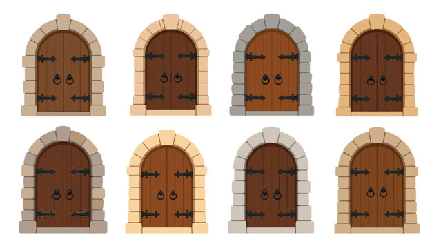 Set of medieval wooden arched doors with stone frames