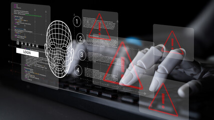 A modern illustration depicting a robotic hand typing on a keyboard beside a digital security...