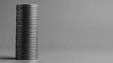 Fototapeta premium Desaturated coin stack side view milled edge texture, ash grey mono minimalism
