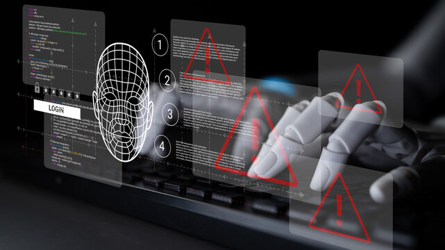 A modern illustration depicting a robotic hand typing on a keyboard beside a digital security interface, showcasing risks and alerts in a futuristic cybersecurity environment. Ledger